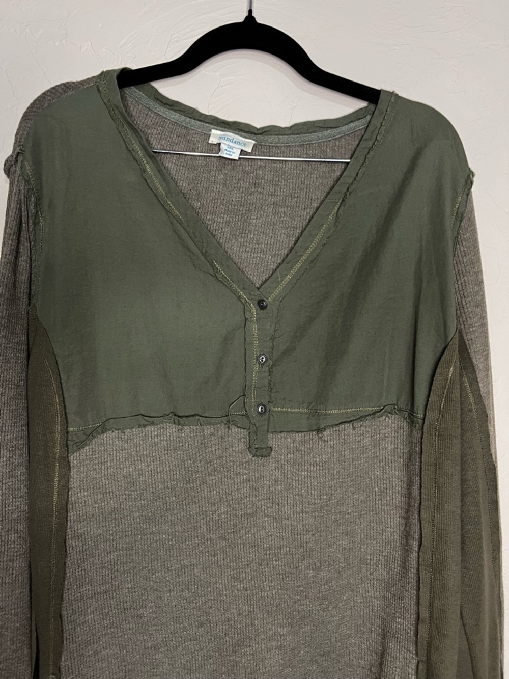 Sundance Green Waffle Knit Colorblock Thumbholes Boho Top - Picture 3 of 8